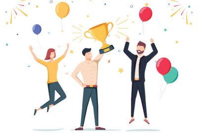 Win achievement. Happy company employee awarding a trophy prize to their leader. Business vector illustration. Business company party advertising with corporate members. Office manager staff teamwork